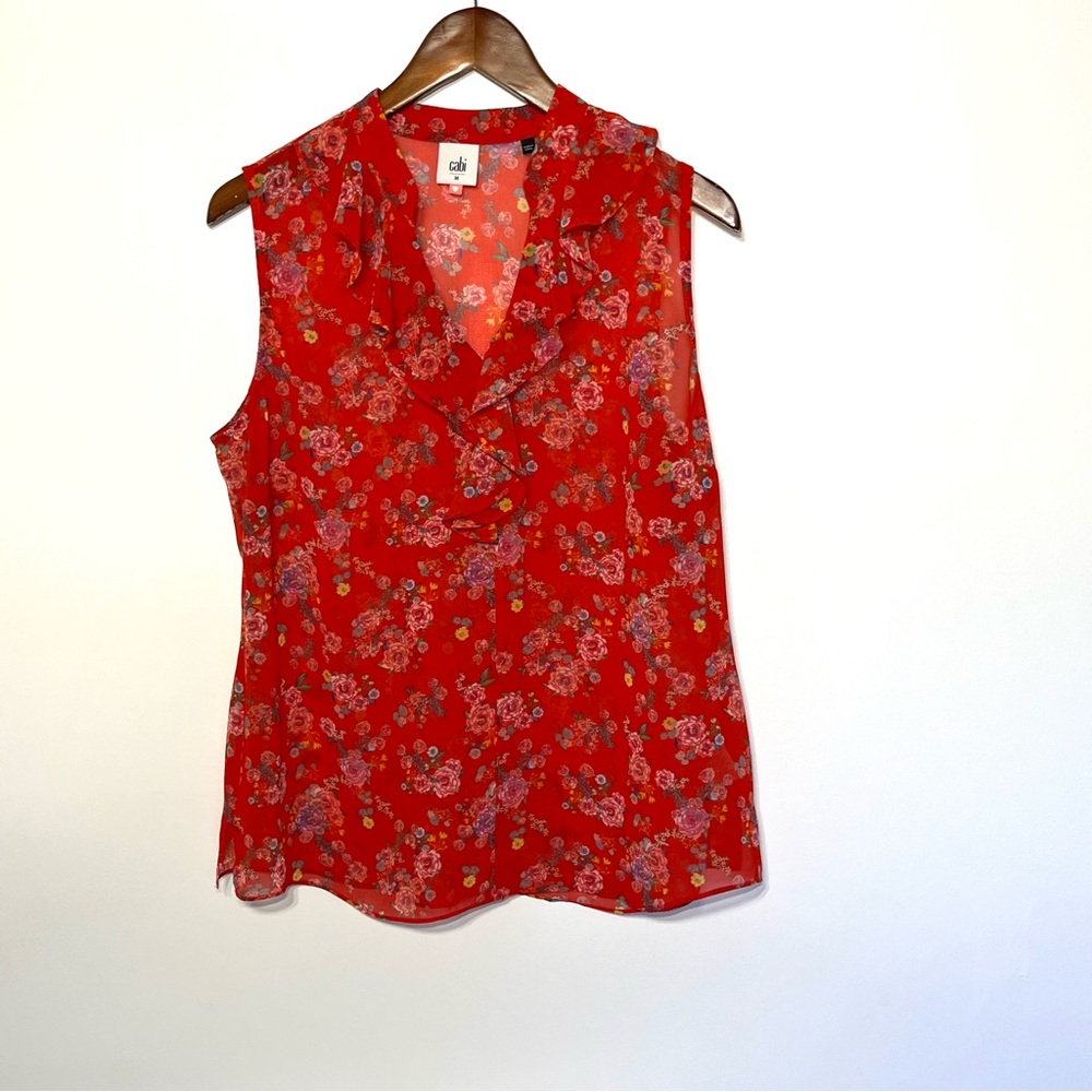 CAbi Crush Ruffle Top Style 5219 floral sleeveless ruffle neck red sz medium - Picture 3 of 7